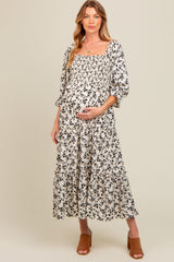 Cream Smocked Tiered Pocketed Maternity Midi Dress