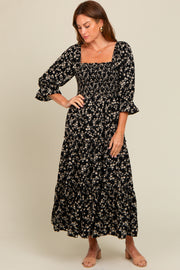 Black Smocked Tiered Pocketed Midi Dress