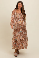 Mocha Floral Square Neck Smocked Maternity Midi Dress