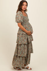 Green Floral Print Ruffle Tiered Maternity Midi Dress