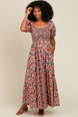 Teal Multi-Color Leaf Print Smocked Maternity Maxi Dress