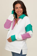 Green Raw Hem Maternity Long Sleeve Polo Top