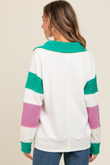 Green Raw Hem Long Sleeve Polo Top