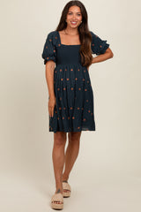 Navy Blue Floral Embroidered Smocked Maternity Dress