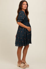 Navy Blue Floral Embroidered Smocked Maternity Dress