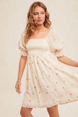 Cream Floral Embroidered Smocked Maternity Dress