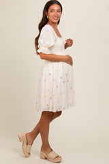 Cream Floral Embroidered Smocked Maternity Dress