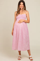 Pink Printed Smocked Maternity Midi Dress