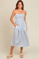 Light Blue Printed Smocked Maternity Midi Dress