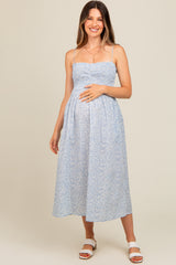 Light Blue Printed Smocked Maternity Midi Dress