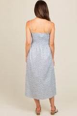 Light Blue Printed Smocked Maternity Midi Dress