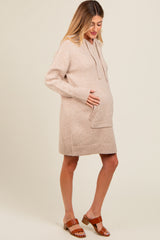 Taupe Hooded Front Pocket Maternity Sweater Dress