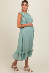 Jade Texture Ruffle Accent Maternity Midi Dress