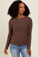 Brown Basic Fitted Long Sleeve Top