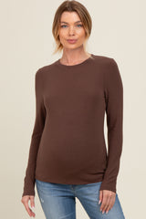 Brown Basic Fitted Maternity Long Sleeve Top