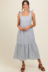 Blue Striped Shoulder Tie Maternity Midi Dress