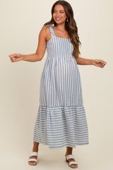 Blue Striped Shoulder Tie Maternity Midi Dress