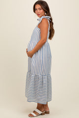 Blue Striped Shoulder Tie Maternity Midi Dress