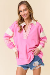 Pink Colorblock Stripe Polo Pullover Top