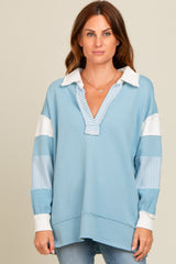 Blue Colorblock Stripe Maternity Polo Pullover Top