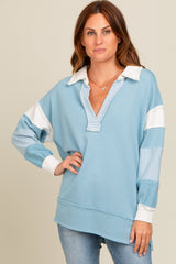 Blue Colorblock Stripe Polo Pullover Top