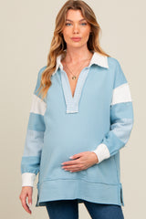 Blue Colorblock Stripe Maternity Polo Pullover Top