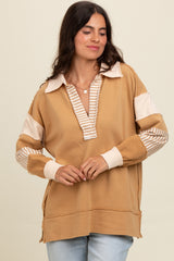 Mocha Colorblock Stripe Maternity Polo Pullover Top