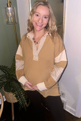 Mocha Colorblock Stripe Maternity Polo Pullover Top