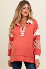 Rust Colorblock Stripe Maternity Polo Pullover Top