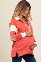 Rust Colorblock Stripe Maternity Polo Pullover Top