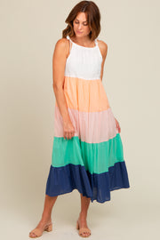 Coral Colorblock Tiered Midi Dress