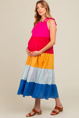 Fuchsia Colorblock Tiered Maternity Midi Dress