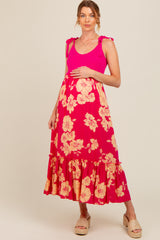 Fuchsia Floral Colorblock Maternity Midi Dress