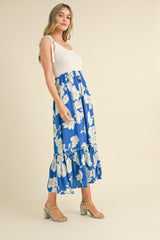 Royal Blue Floral Colorblock Midi Dress