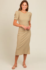 Beige Multi Striped Puff Sleeve Maternity Midi Dress