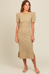 Beige Multi Striped Puff Sleeve Midi Dress