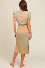 Beige Multi Striped Puff Sleeve Midi Dress