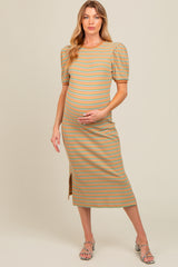 Beige Multi Striped Puff Sleeve Maternity Midi Dress