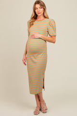 Beige Multi Striped Puff Sleeve Maternity Midi Dress