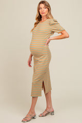 Beige Multi Striped Puff Sleeve Maternity Midi Dress