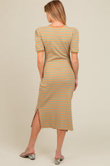 Beige Multi Striped Puff Sleeve Maternity Midi Dress