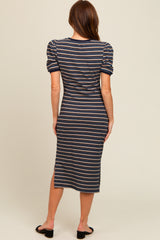 Navy Multi Striped Puff Sleeve Midi Dress