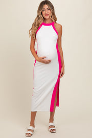 White Colorblock Trim Maternity Midi Dress