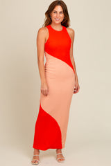 Orange Colorblock Fitted Maternity Maxi Dress