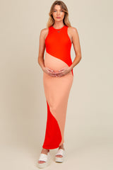 Orange Colorblock Fitted Maternity Maxi Dress