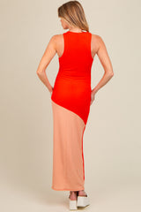 Orange Colorblock Fitted Maternity Maxi Dress