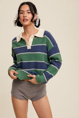 Green Striped Polo Knit Sweater