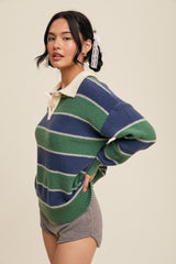 Green Striped Polo Knit Sweater