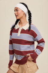 Burgundy Striped Polo Knit Sweater