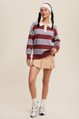 Burgundy Striped Polo Knit Sweater